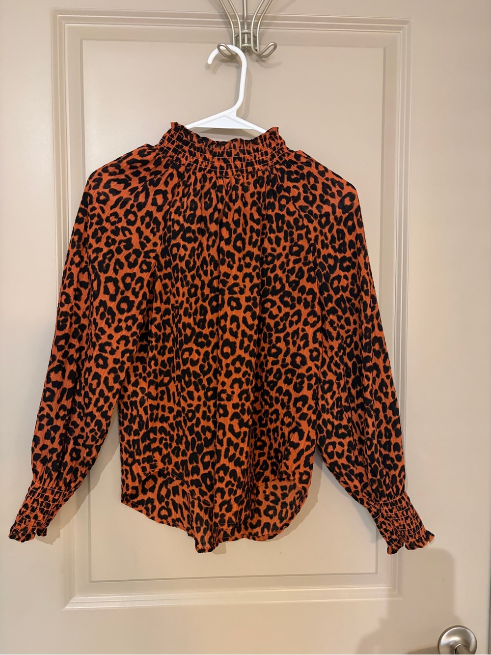 LOFT Orange and Black Leopard Print Smocked Neck Blouse